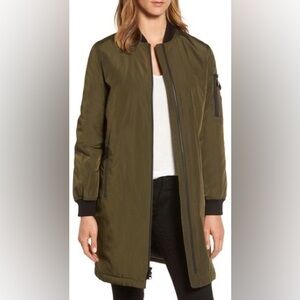 Michael Kors Long Bomber Jacket Olive Green Size L Lightweight Zip Coat EUC